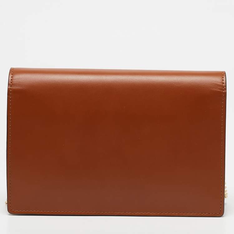 Pre Owned Fendi Brown Leather Logo Embossed Wallet On Chain
