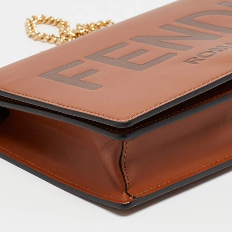 Pre Owned Fendi Brown Leather Logo Embossed Wallet On Chain