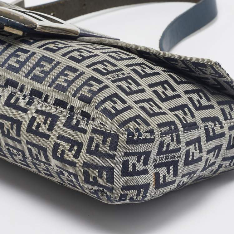Pre Owned Fendi Blue Zucchino Canvas and Leather Baguette Bag