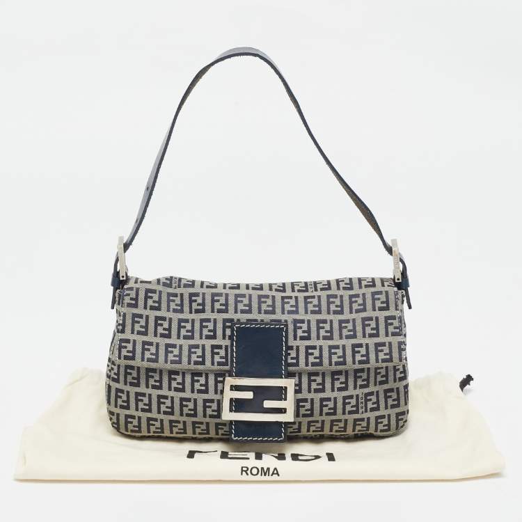 Pre Owned Fendi Blue Zucchino Canvas and Leather Baguette Bag