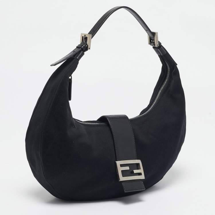 Pre Owned Fendi Black Fabric and Leather FF Half Moon Hobo