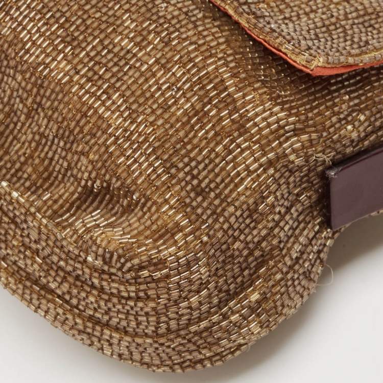 Pre Owned Fendi Gold/Brown Beaded and Leather Baguette Flap Bag