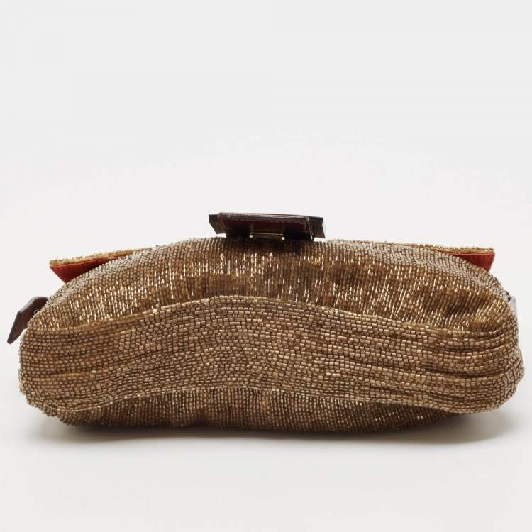 Pre Owned Fendi Gold/Brown Beaded and Leather Baguette Flap Bag