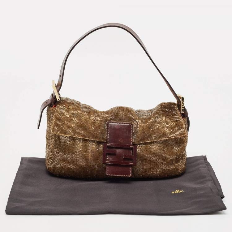 Pre Owned Fendi Gold/Brown Beaded and Leather Baguette Flap Bag