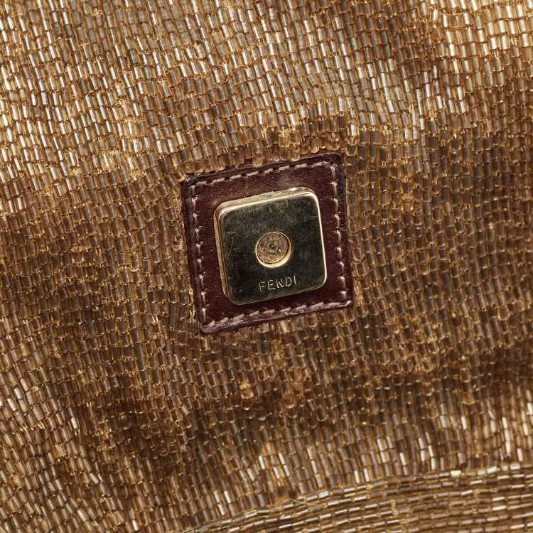 Pre Owned Fendi Gold/Brown Beaded and Leather Baguette Flap Bag