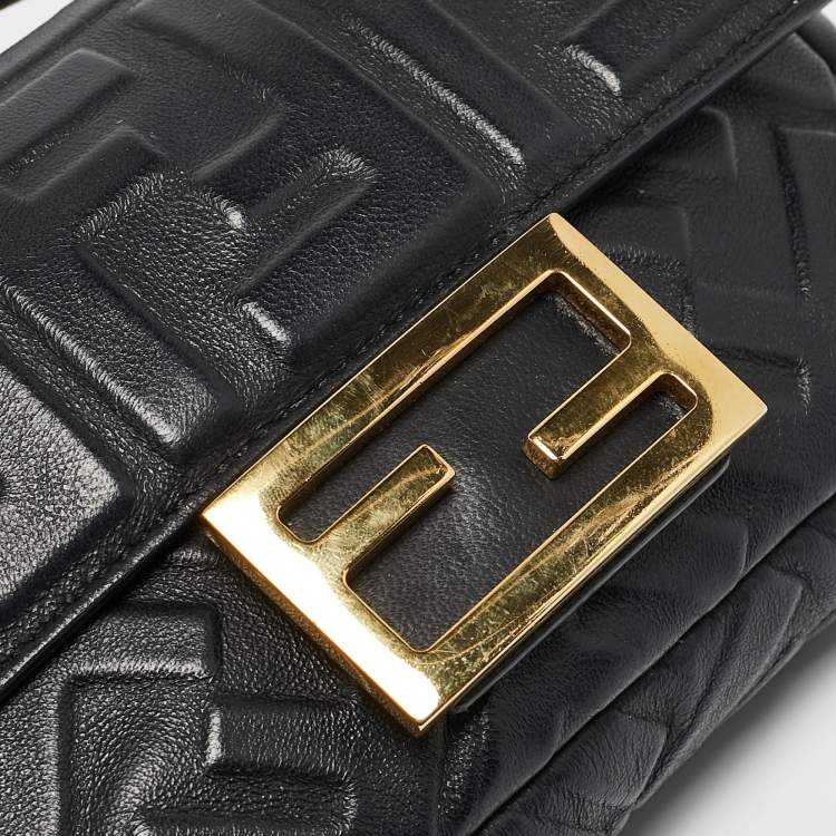 Pre Owned Fendi Black Leather FF Motif Baguette Mini Chain Bag