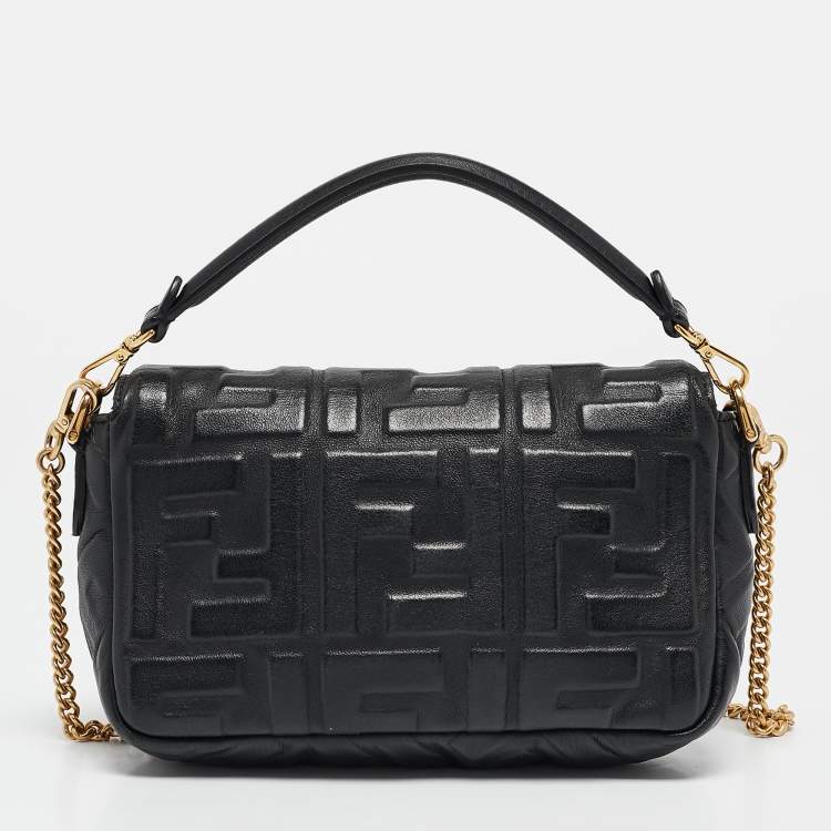 Pre Owned Fendi Black Leather FF Motif Baguette Mini Chain Bag