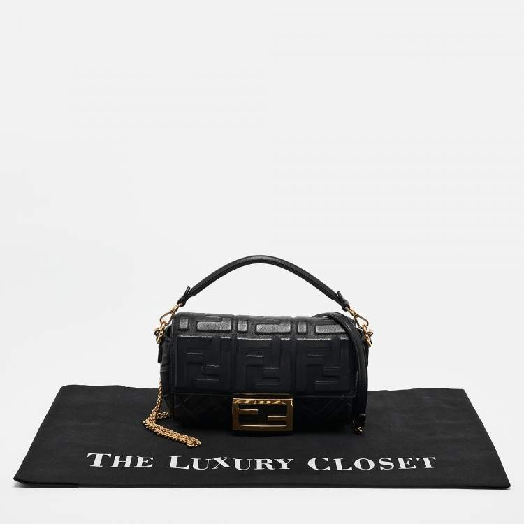 Pre Owned Fendi Black Leather FF Motif Baguette Mini Chain Bag