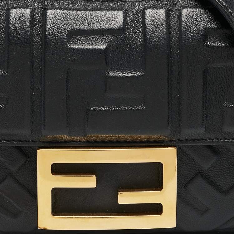 Pre Owned Fendi Black Leather FF Motif Baguette Mini Chain Bag