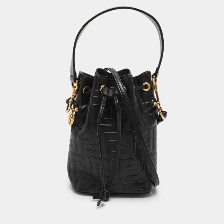 Pre Owned Fendi Black Zucca Leather Mini Mon Tresor Drawstring Bucket Bag