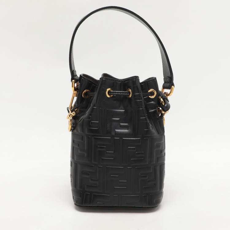 Pre Owned Fendi Black Zucca Leather Mini Mon Tresor Drawstring Bucket Bag