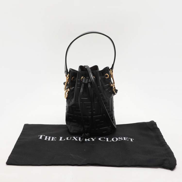 Pre Owned Fendi Black Zucca Leather Mini Mon Tresor Drawstring Bucket Bag