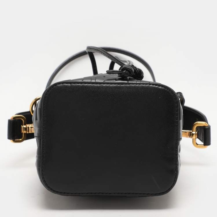 Pre Owned Fendi Black Zucca Leather Mini Mon Tresor Drawstring Bucket Bag