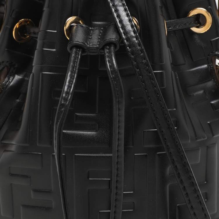 Pre Owned Fendi Black Zucca Leather Mini Mon Tresor Drawstring Bucket Bag