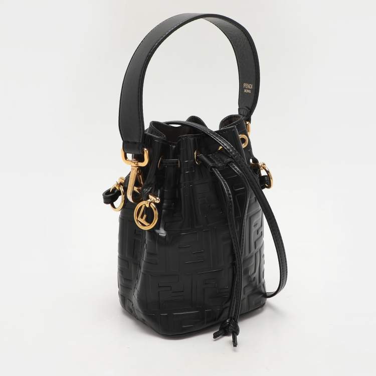 Pre Owned Fendi Black Zucca Leather Mini Mon Tresor Drawstring Bucket Bag