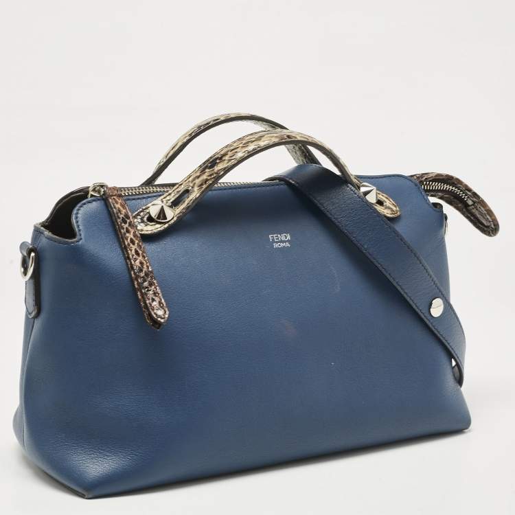 Pre Owned Fendi Navy Blue/Beige Leather and Python Small By The Way Bag