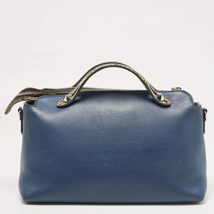 Pre Owned Fendi Navy Blue/Beige Leather and Python Small By The Way Bag
