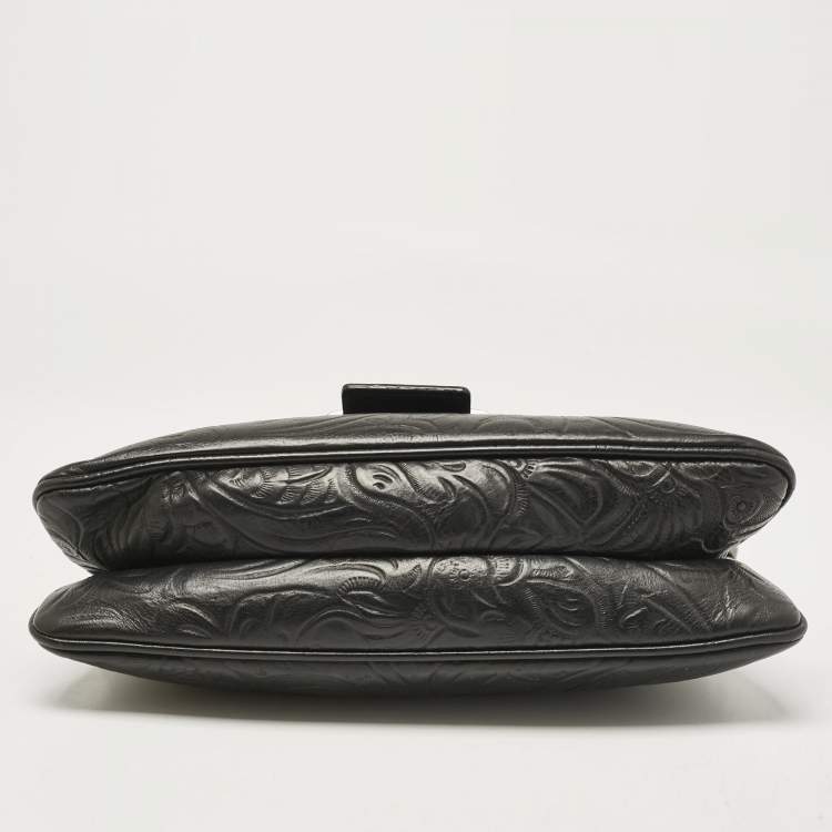 Pre Owned Fendi Black Embossed Leather Double Baguette Bag