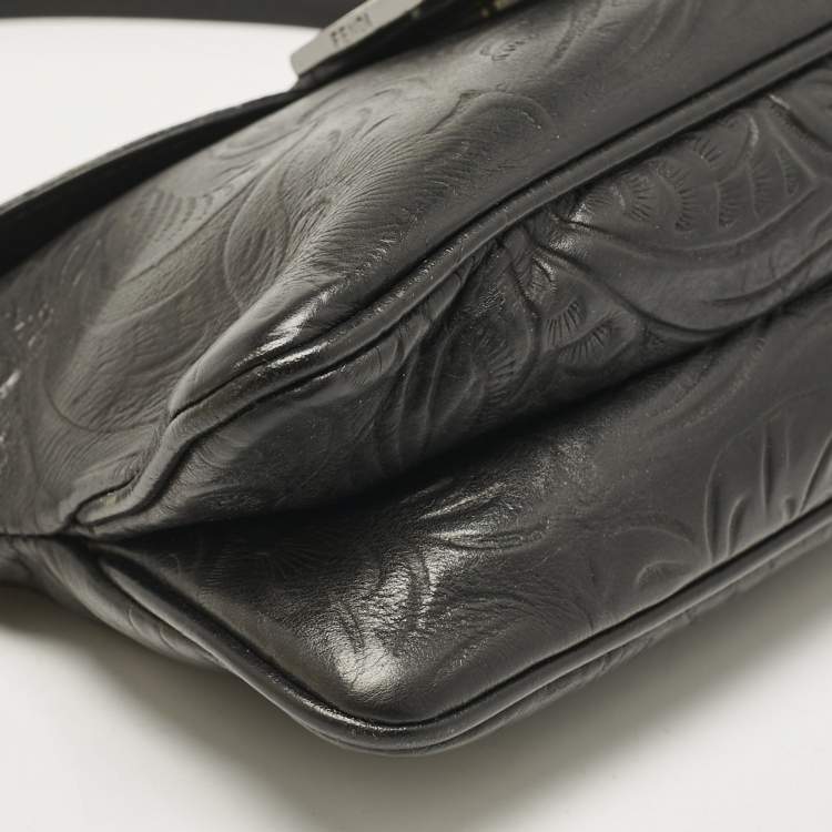 Pre Owned Fendi Black Embossed Leather Double Baguette Bag
