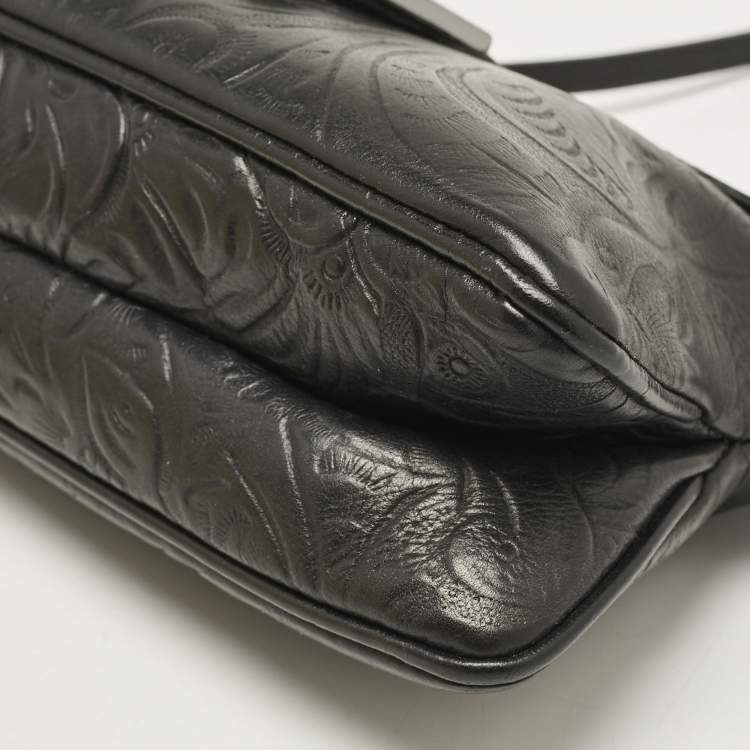Pre Owned Fendi Black Embossed Leather Double Baguette Bag