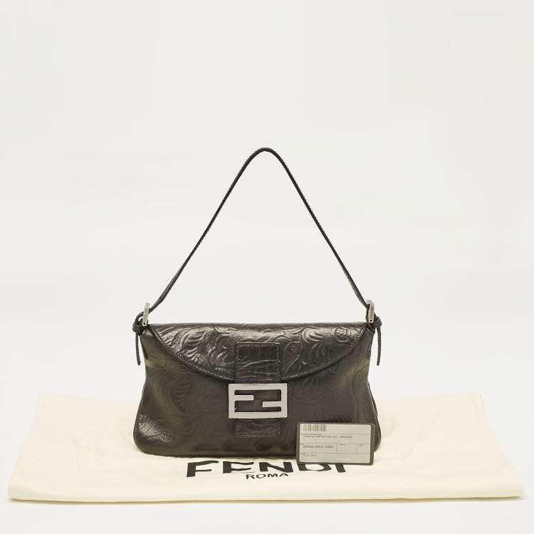 Pre Owned Fendi Black Embossed Leather Double Baguette Bag