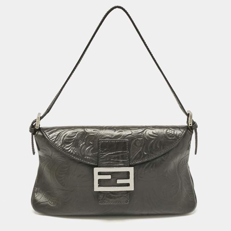 Pre Owned Fendi Black Embossed Leather Double Baguette Bag