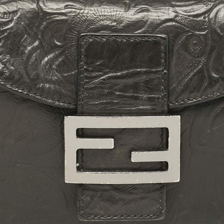 Pre Owned Fendi Black Embossed Leather Double Baguette Bag