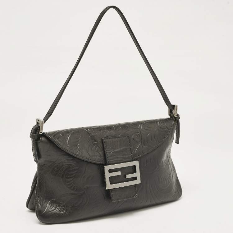 Pre Owned Fendi Black Embossed Leather Double Baguette Bag