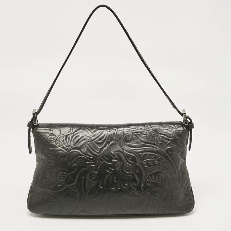 Pre Owned Fendi Black Embossed Leather Double Baguette Bag
