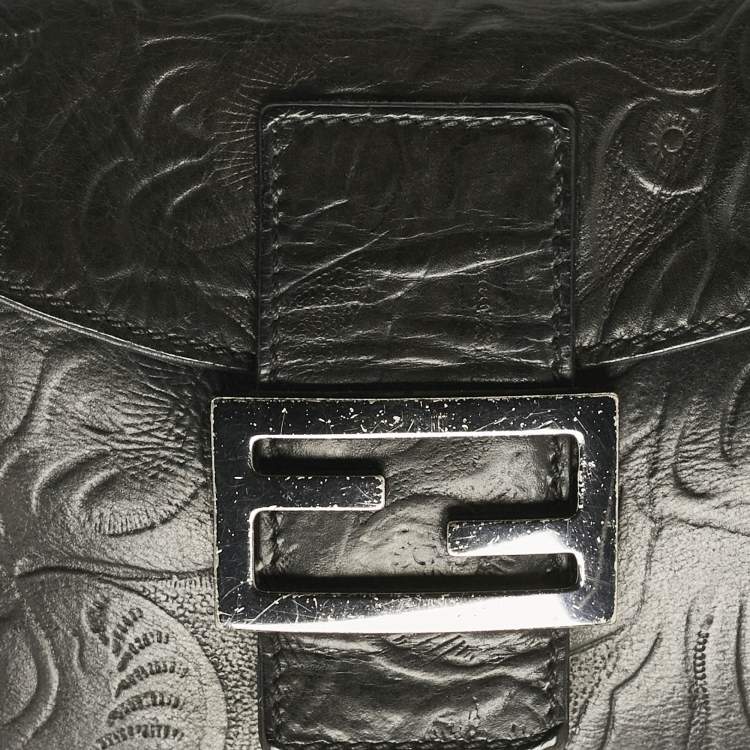 Pre Owned Fendi Black Embossed Leather Double Baguette Bag
