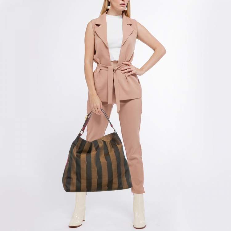 Pre Owned Fendi Tobacco/Magenta Pequin Stripe Canvas and Leather Hobo