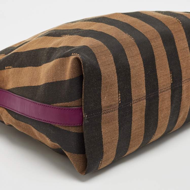 Pre Owned Fendi Tobacco/Magenta Pequin Stripe Canvas and Leather Hobo