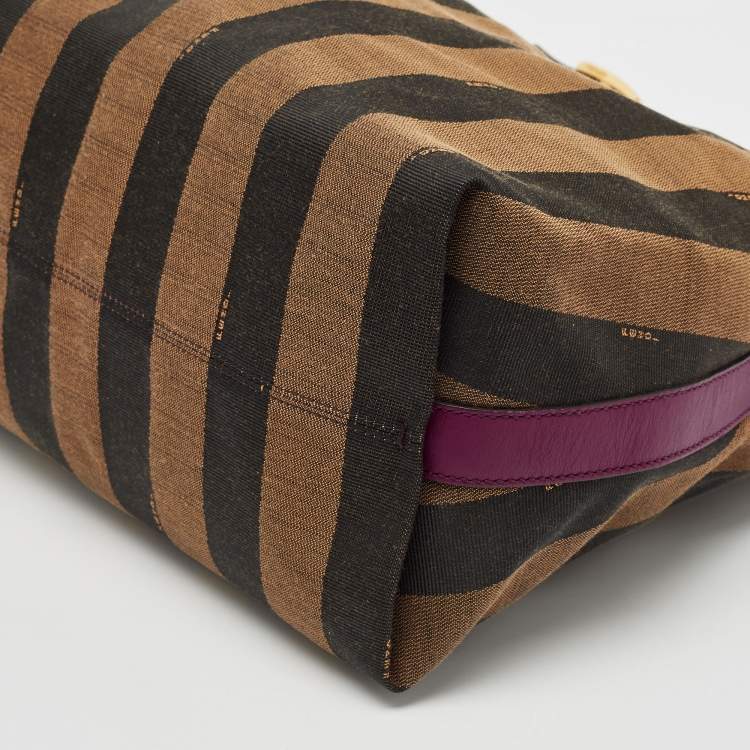 Pre Owned Fendi Tobacco/Magenta Pequin Stripe Canvas and Leather Hobo