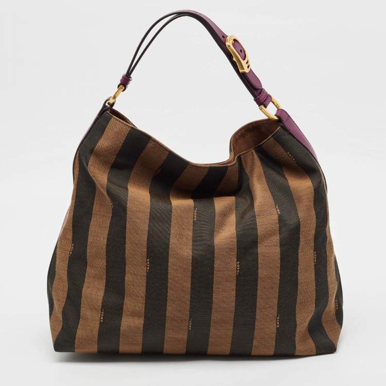Pre Owned Fendi Tobacco/Magenta Pequin Stripe Canvas and Leather Hobo
