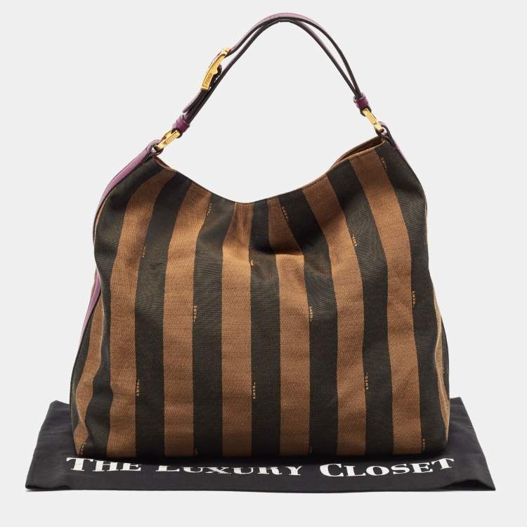 Pre Owned Fendi Tobacco/Magenta Pequin Stripe Canvas and Leather Hobo
