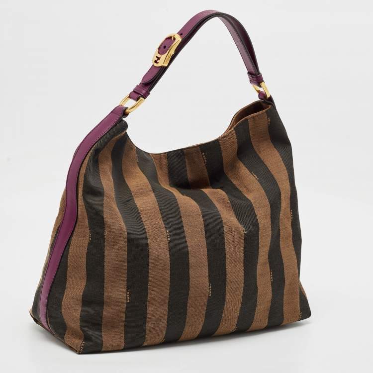 Pre Owned Fendi Tobacco/Magenta Pequin Stripe Canvas and Leather Hobo