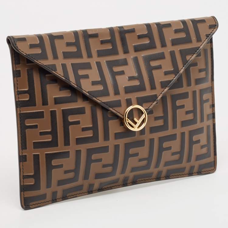 Pre Owned Fendi Brown FF Leather Envelope Flat Pouch