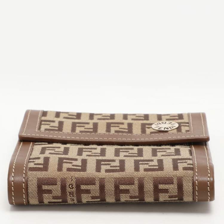 Pre Owned Fendi Tobacco Zucchino Canvas and Leather Trifold Wallet