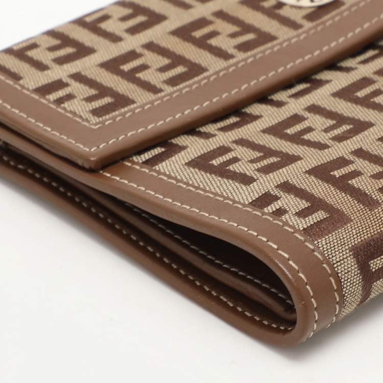 Pre Owned Fendi Tobacco Zucchino Canvas and Leather Trifold Wallet