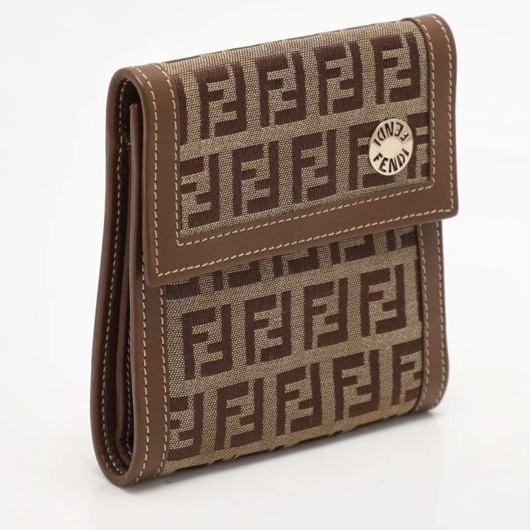 Pre Owned Fendi Tobacco Zucchino Canvas and Leather Trifold Wallet