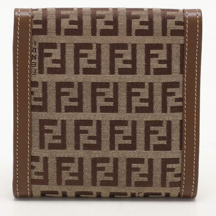 Pre Owned Fendi Tobacco Zucchino Canvas and Leather Trifold Wallet