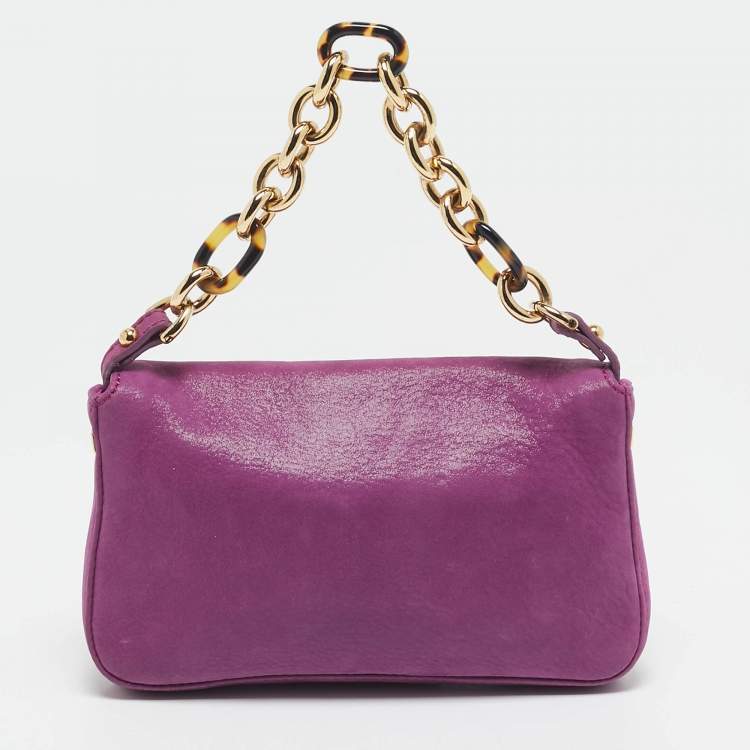 Pre Owned Fendi Purple Iridescent Nubuck Mini Baguette Bag