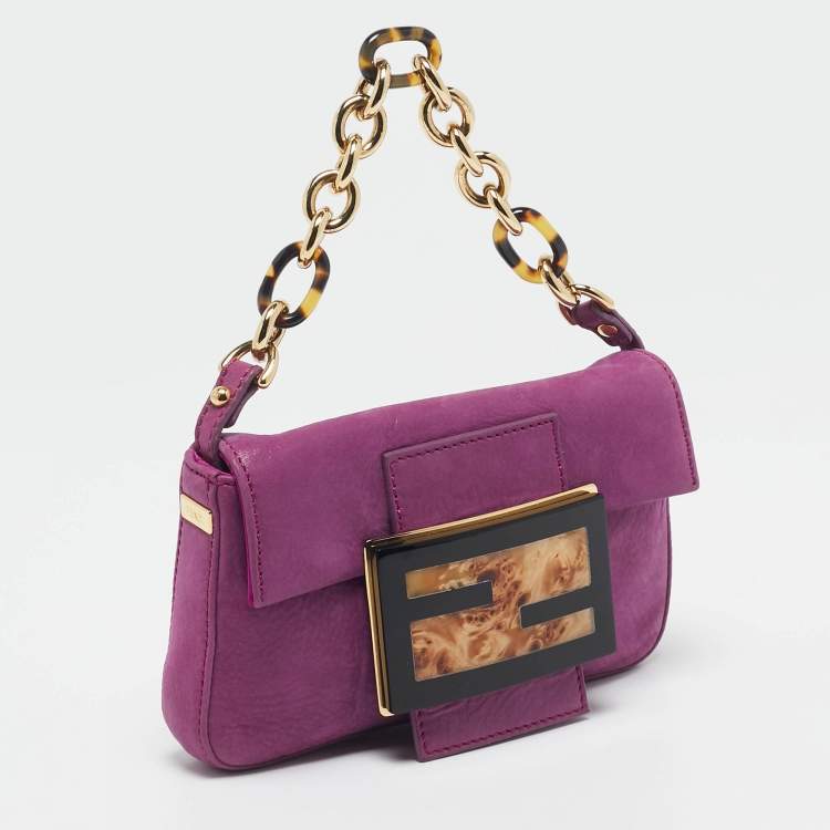 Pre Owned Fendi Purple Iridescent Nubuck Mini Baguette Bag