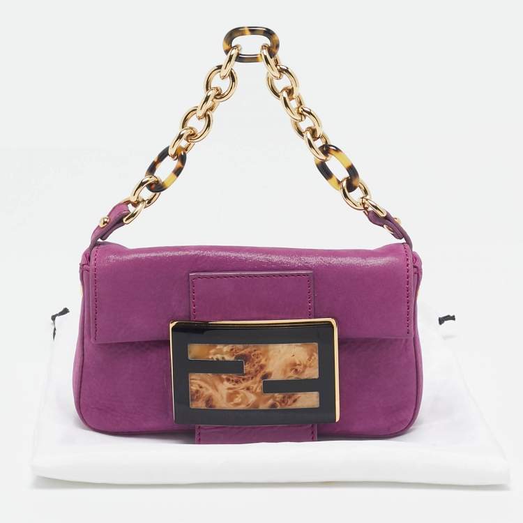 Pre Owned Fendi Purple Iridescent Nubuck Mini Baguette Bag
