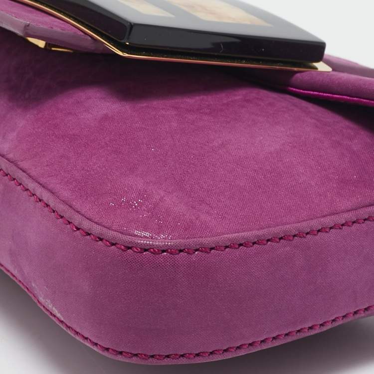 Pre Owned Fendi Purple Iridescent Nubuck Mini Baguette Bag