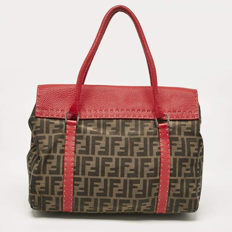 Pre Owned Fendi Red/Tobacco Zucca Canvas and Selleria Leather Large Linda Satchel