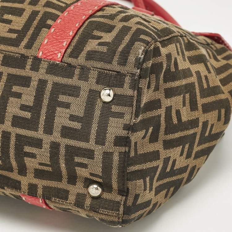 Pre Owned Fendi Red/Tobacco Zucca Canvas and Selleria Leather Large Linda Satchel