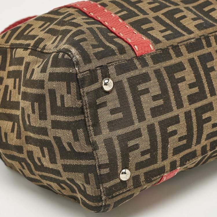 Pre Owned Fendi Red/Tobacco Zucca Canvas and Selleria Leather Large Linda Satchel