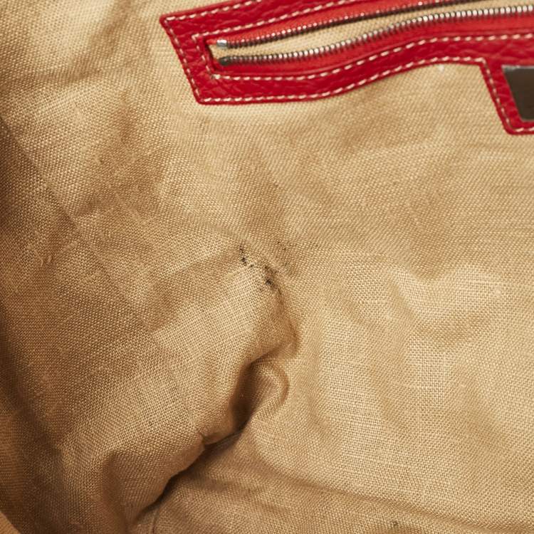 Pre Owned Fendi Red/Tobacco Zucca Canvas and Selleria Leather Large Linda Satchel