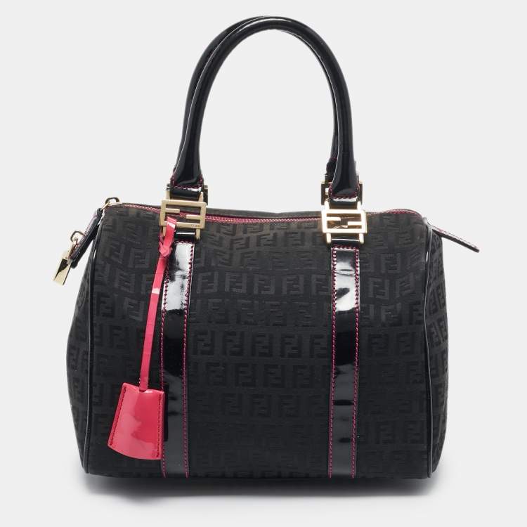 Pre Owned Fendi Black Zucchino Canvas Small Forever Bauletto Boston Bag